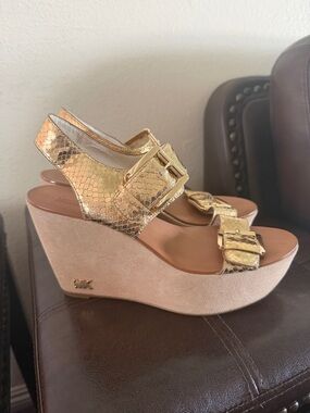 Michael Kors Gold Snakeskin-Embossed Buckle Slingback Sandals